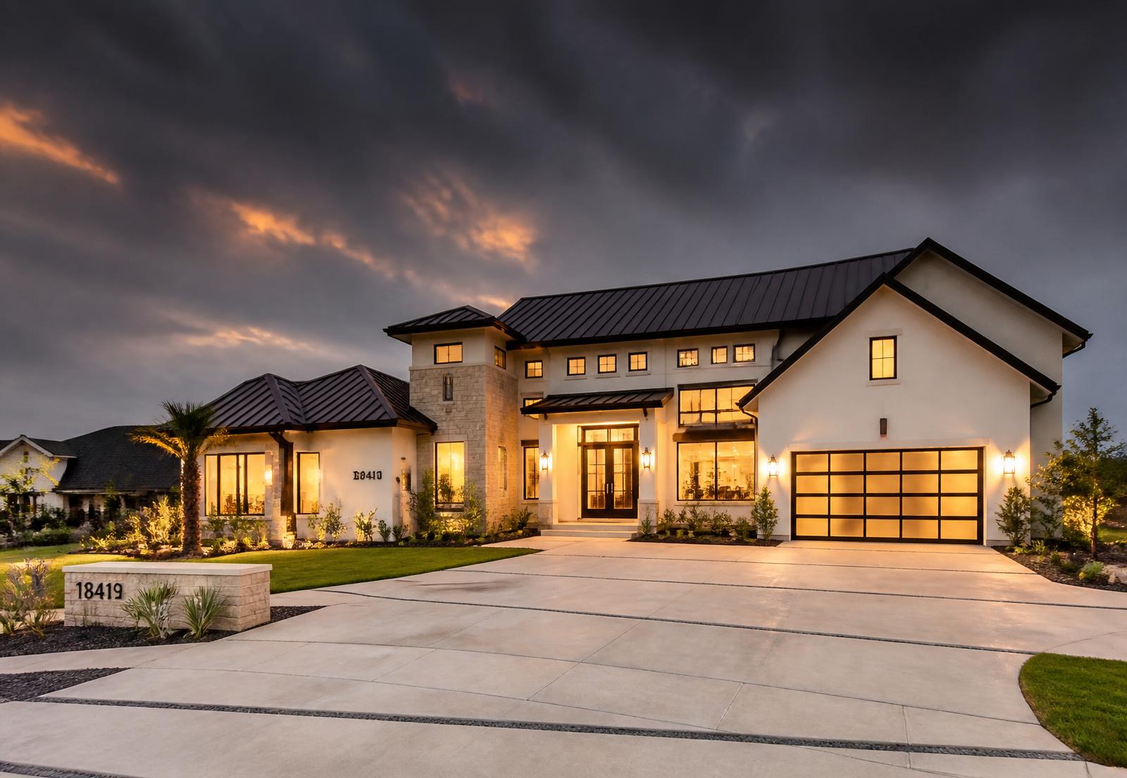 Modern Texas home at golden hour